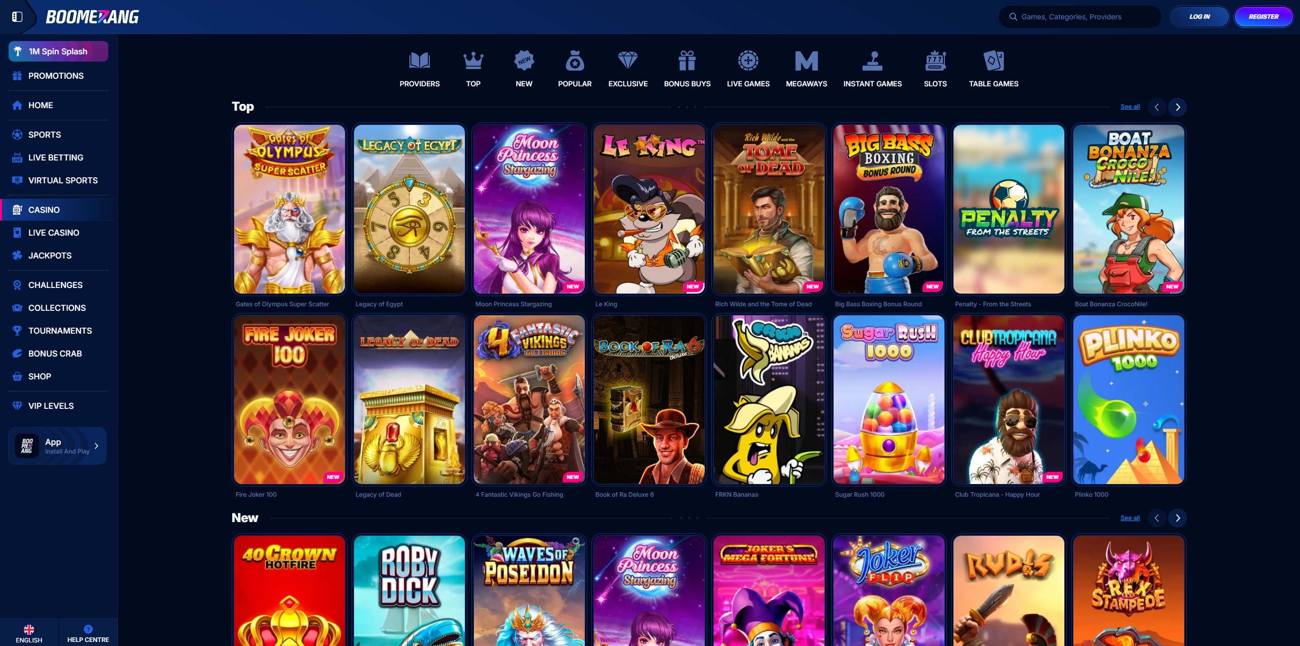 Boomerang Bet Casino mit Spielautomaten und Tischspielen