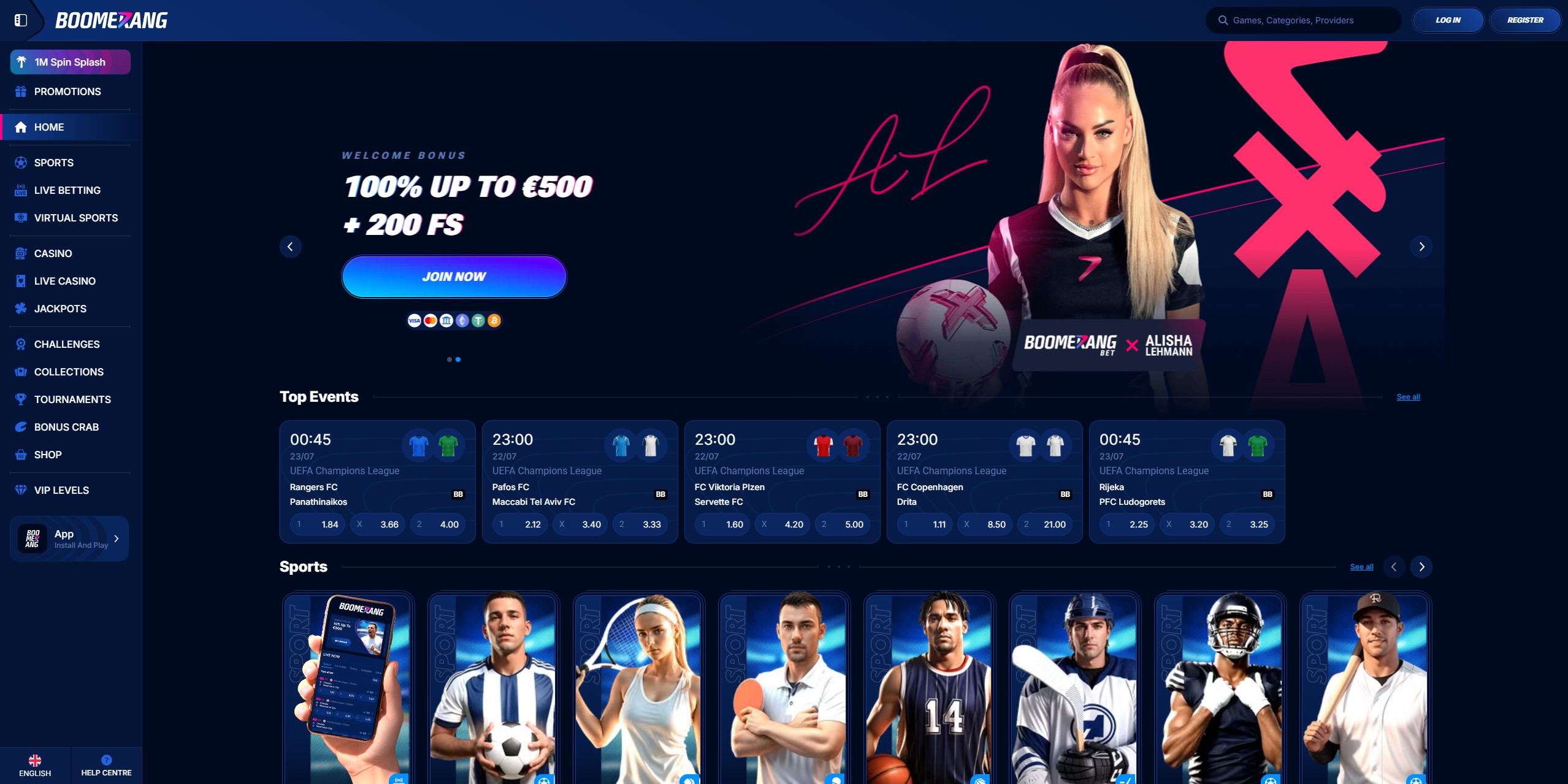 Boomerang Bet Sportwetten Plattform für die Schweiz auf dem Desktop