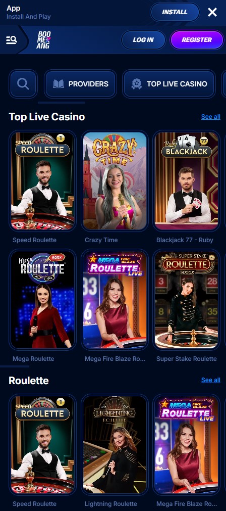 Live-Casino und Funktionen in der mobilen Boomerang App