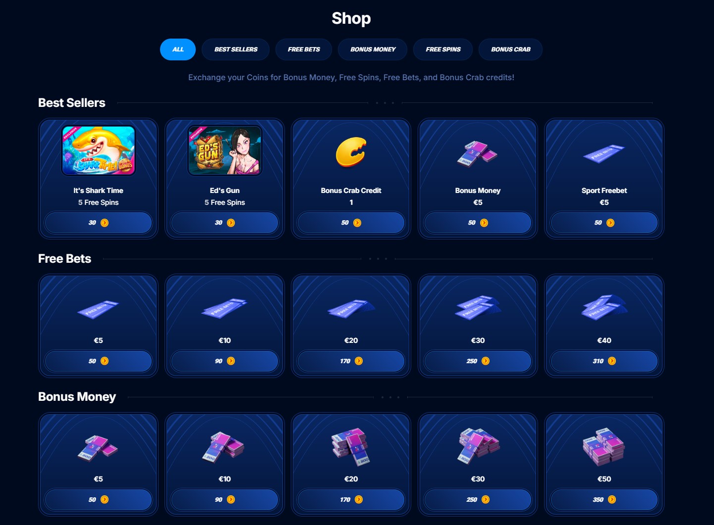 Boomerang Bet Bonus-Shop mit Münzen und VIP-Vorteilen
